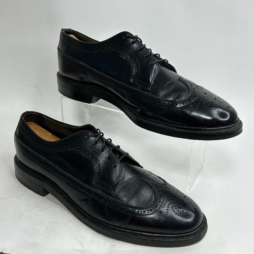 Vintage‎ Italian Mens Black Leather Wingtip Brogue Dress Shoes Nailed Heel 9.5